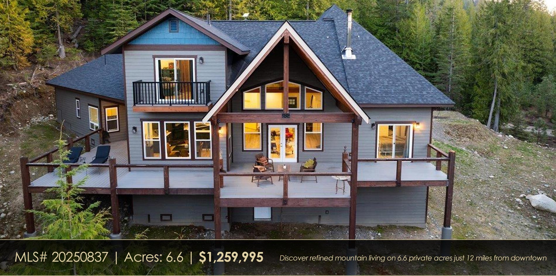 Discover refined mountain living on 6.6 private acres just 12 miles from downtown Sandpoint